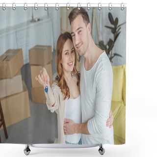 Personality  Happy Young Couple Smiling At Camera While Holding Key From New Apartment Shower Curtains