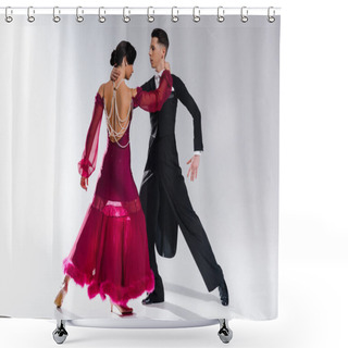 Personality  Elegant Young Couple Of Ballroom Dancers In Red Dress In Suit Dancing On White Shower Curtains