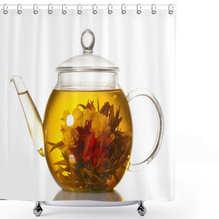 Personality  Exotic Green Tea With Flowers In Glass Teapot Isolated On White Shower Curtains