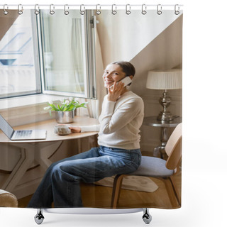 Personality  Cheerful Woman Looking At Camera While Talking On Cellphone Near Laptop And Fresh Tulips Shower Curtains