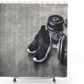 Personality  Close-up Shot Of Weight Plates And Sneakers On Concrete Floor Shower Curtains