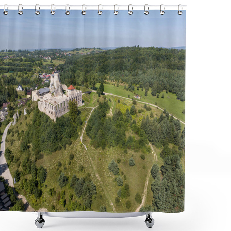 Personality  Rabsztyn, Poland. Ruins Of Medieval Royal Castle On The Rock In Polish Jurassic Highland. Rabsztyn Aerial View In Summer. . Ruins Of Medieval Royal Rabsztyn Castle In Poland. Aerial View In Surise Light In Summer.  Shower Curtains