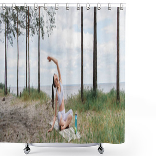 Personality  Young Woman Sitting With Crossed Legs And Stretching In Forest, Banner Shower Curtains