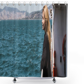 Personality  Side View Of Woman In Black Sweater Looking At Sea From Ferry Boat Crossing Bosporus In Istanbul, Banner Shower Curtains