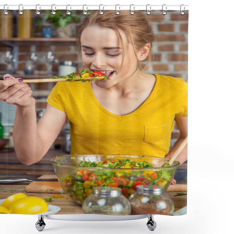 Personality  Woman tasting vegetable salad   shower curtains