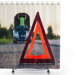 Personality  Broken Silver Luxury Car Emergency Accident. Man Driver Installing Red Triangle Stop Sign On Road. Sport Automobile Turned On Blinkers Technical Problems On The Road. Safety Procedure When Having Shower Curtains