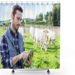 Personality  Young Attractive Farmer Using Tablet In A Field Shower Curtains