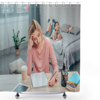 Personality  Young Bored Woman Studying Shower Curtains