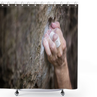 Personality  Closeup View Of Rock Climber's Hand Gripping Hold On Natural Cliff Shower Curtains