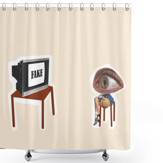 Personality  Contemporary Art Collage. Conceptual Image Of Young Woman With Giant Eye Head Watching Retro Tv. Fake News Spreading. Social Media Influence. Informational Propaganda. Concept Of Surreal Art Shower Curtains