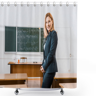 Personality  Beautiful Female Teacher In Formal Wear Smiling And Looking At Camera In Classroom Shower Curtains