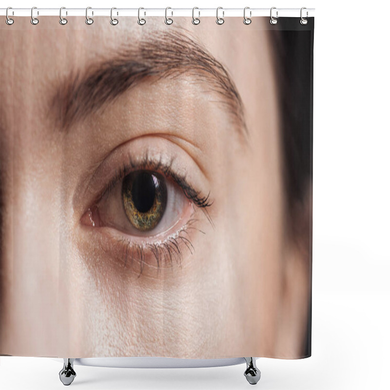 Personality  close up view of young woman green eye looking at camera shower curtains