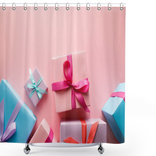 Personality  Top View Of Colorful Gift Boxes With Satin Ribbons On Pink Background Shower Curtains