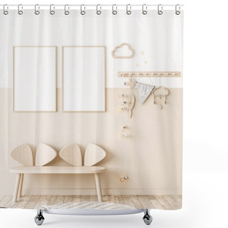 Personality  Mock Up Frame In Children Room With Natural Wooden Furniture, Two Vertical Frames On White And Beige Wall, 3D Render Shower Curtains