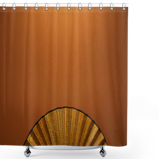 Personality  Top View Of Traditional Golden Chinese Fan With Hieroglyphs On Brown Background Shower Curtains