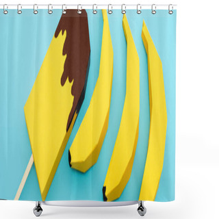 Personality  Top View Of Paper Yellow Bananas And Ice Cream On Blue Background, Panoramic Shot Shower Curtains