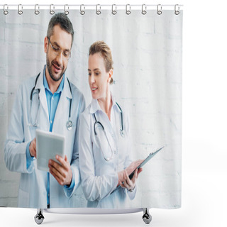 Personality  Happy Doctors Working Together With Tablet And Clipboard Shower Curtains