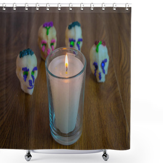 Personality  Altar With Candle Lit Next To Sugar Skulls, Decoration For The Day Of The Dead. Mexican Tradition Shower Curtains