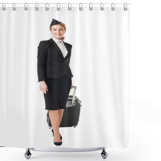 Personality  Stewardess In Uniform Walking With Suitcase Isolated On White Shower Curtains