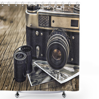 Personality  Old Vintage Camera Closeup On Wooden Background Shower Curtains