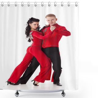 Personality  Dancing Young Couple On A White Background. Shower Curtains