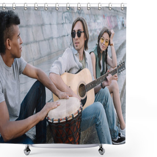 Personality  Multiracial Young People Performing Musical Concert On Street Shower Curtains