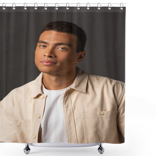 Personality  Handsome Mixed Race Man In Beige Shirt On Black Background Shower Curtains