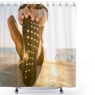 Personality  Handsome Adult Sportsman Stretching Leg On Seashore Shower Curtains