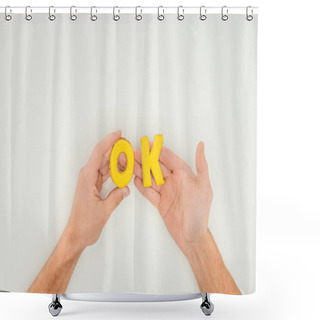Personality  Cropped Person Holding Ok Word In Yellow Cookies Solated On White Background Shower Curtains