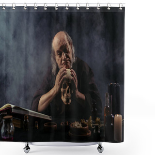 Personality  Discouraged Alchemist Holding Skull Near Ingredients And Magic Cookbook On Black Background With Smoke Shower Curtains