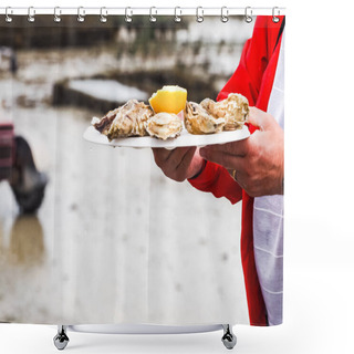 Personality  Man Eating Oysters On White Plate Lunch Time Outdoor Shower Curtains