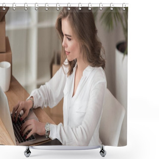 Personality  Side View Of Businesswoman Working On Laptop At Table Shower Curtains