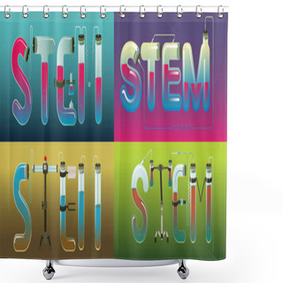 Personality  Abstract Illustration Of STEM Word In Science, Technology, Engineering, Mathematics Education Concept Typography Design With Icon Ornament Elements Editable. Shower Curtains