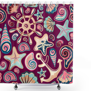 Personality  Nautical Background, Bright Seamless Pattern With Sea Shells, Anchor, Wheel, Starfish Shower Curtains