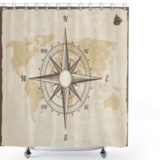 Personality  Vintage Nautical Compass. Old World Map On Vector Paper Texture With Torn Border Frame. Wind Rose. Background Ship Logo Silhouette Shower Curtains
