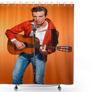 Personality  Retro Fifties Rock And Roll Singer Playing Accoustic Guitar. Stu Shower Curtains