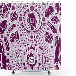 Personality  Vector Illustration, Magical Astrology And Crystals, Alchemy, Spirituality And Occultism, Purple Background, Seamless Pattern, Handmade, Magic Symbol Shower Curtains