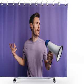 Personality  Shocked Young Man Holding Megaphone And Looking Away On Purple Background Shower Curtains