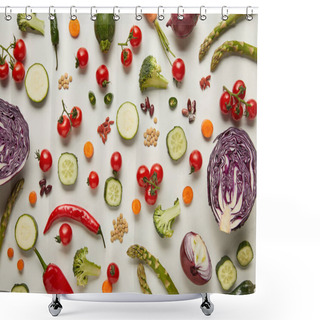 Personality  Top View Of Cutlery, Vegetables And Seeds On White Surface Shower Curtains