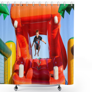 Personality  Small Boy Jumping In Bouncy Castle Shower Curtains