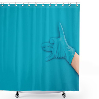 Personality  Cropped Image Of Woman Showing Sign With Hand In Rubber Protective Glove Isolated On Blue Shower Curtains