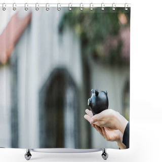 Personality  Cropped View Of Woman Holding Black Piggy Bank Near Building Shower Curtains
