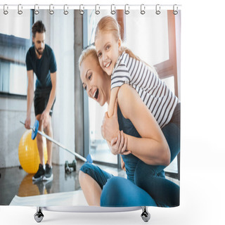 Personality  Cute Girl Embrace Mother At Fitness Club Shower Curtains
