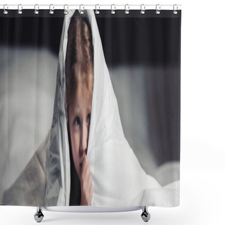 Personality  Panoramic Shot Of Scared Child Hiding Under Blanket Isolated On Black Shower Curtains