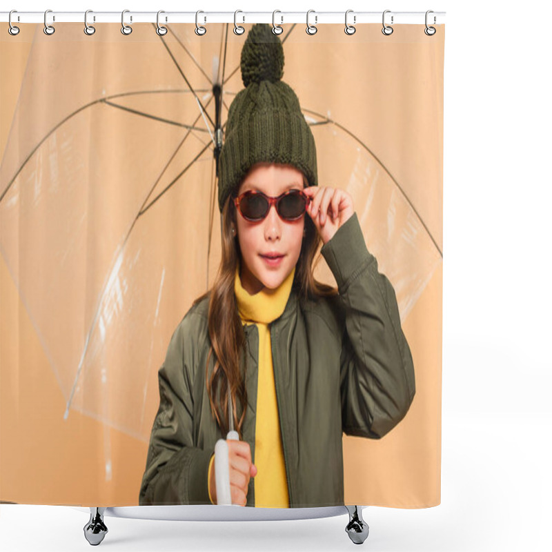 Personality  Fashionable Kid Touching Stylish Sunglasses Under Transparent Umbrella Isolated On Beige Shower Curtains
