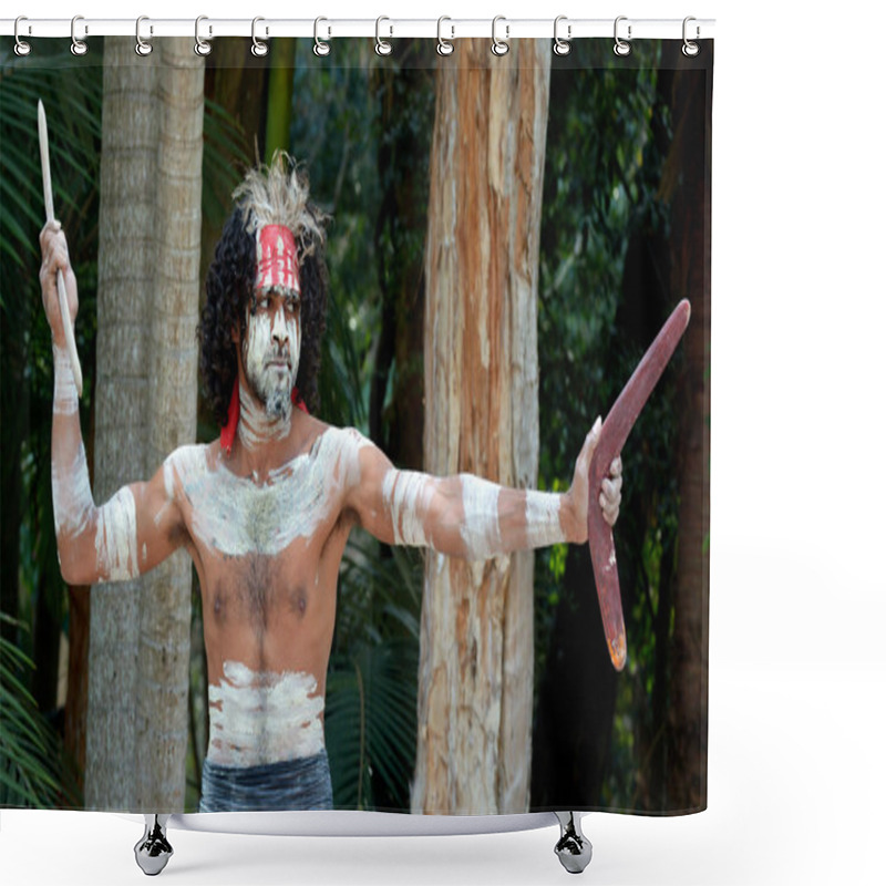 Personality  Aboriginal Warrior Throwing Boomerang During Cultural Show In Queensland, Australia. Shower Curtains