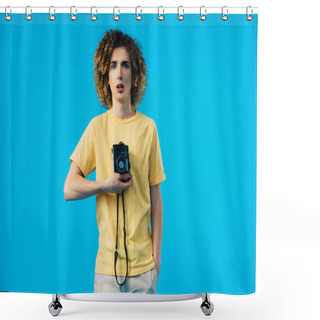 Personality  Curly Teenager Holding Film Camera Isolated On Blue Shower Curtains
