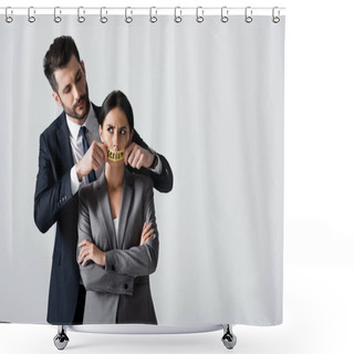 Personality  Bearded Businessman Touching Scotch Tape With Sexism Lettering On Mouth Of Businesswoman Standing With Crossed Arms Isolated On White Shower Curtains