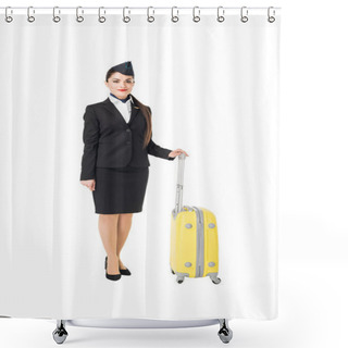Personality  Stewardess In Uniform Holding Suitcase Isolated On White Shower Curtains