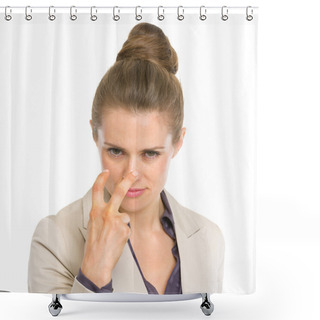 Personality  Serious Business Woman Showing Watching You Gesture Shower Curtains